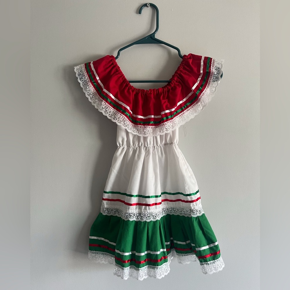 Girls Mexican Fiesta Costume Dress in Red, White & Green